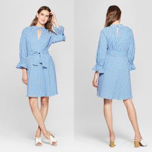 China 2018 New Design Ladies Long Blouson Sleeve Blue and White Gingham Dress with Belt factory