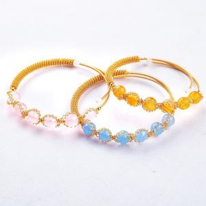 China Wire Wrapped Healing Round Bead Gemstone Bangle Bracelet Jewelry on sale
