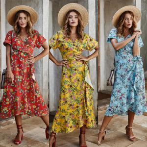China Printed Ladies Maxi Dress Polyester S Xl Short Sleeve Party Casual V Neck factory