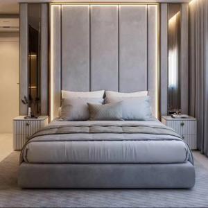 China Commercial Hotel Bedroom Furniture Modern Luxury Apartment Villa Linen Fabric Bed on sale