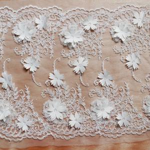 China Beautiful White 3D Flower Lace Fabric , Double Edge Alencon Beaded Lace Fabric factory