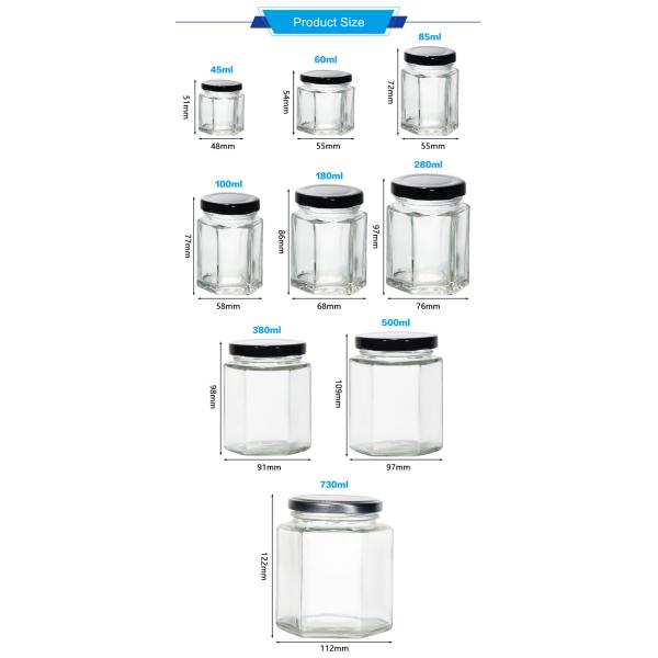 Custom Logo 100 ml 180 ml 280 ml 380 ml Jam Sauce Storage Glass Bottles Clear Hexagonal Glass Honey Jar