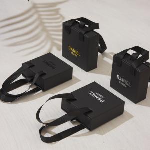 China Custom Logo Printed Black Cute Slide Jewelry Packaging Display Gift Box With Ribbon Handle on sale