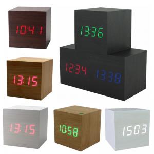 China Hot USB/AAA Powered Cube LED Digital Alarm Clock Square Modern Sound Control Wood Clock Display Temperature Night Light factory