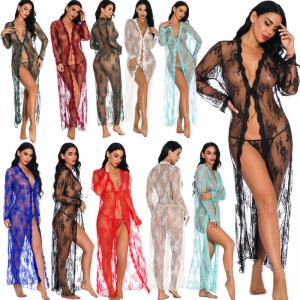 China Sexy See Through Long Lingerie Plus Size 2 Pieces Lace Sleepwear for Women on sale