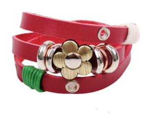 China Triple wrap red leather bracelets brass flower charm on sale