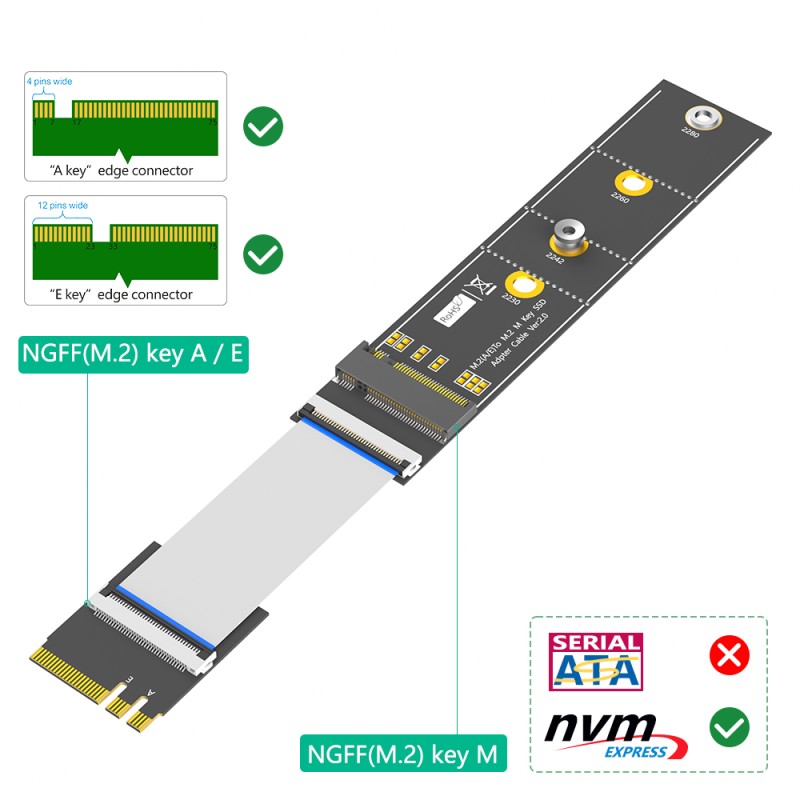 M.2 NGFF Adapter with High Speed FPC Cable for Key M to Key A+E Conversion Plug and Play Supports Windows 2000/7/8/10