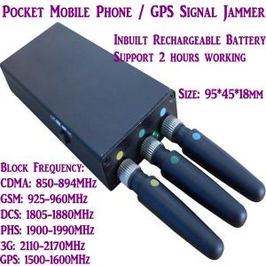 China 3 Antenna Mini Mobile Phone Signal Jammer 3G/GSM/CDMA/DCS/PHS GPS Blocker Inbuilt Battery on sale