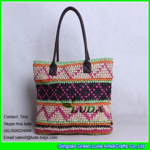 China LUDA spainish straw handbag fashion crocheted pattern paper straw bag leather handles factory