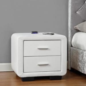 China Faux Leather Fabric Bedside Table Two Drawers White With Bluetooth Speaker on sale