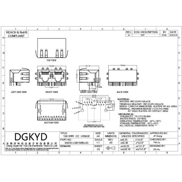 Multiple 1X2 RJ45 Network Connector Shield Head Down Transformer