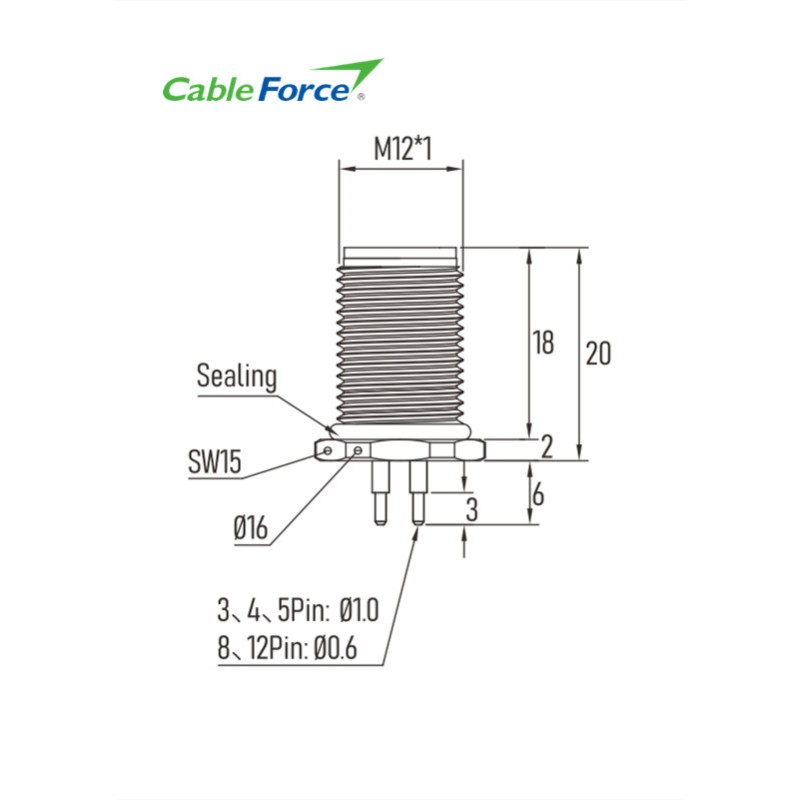 Chassis Side Thread Front Mount PCB Contacts M12 A Code Connector Male Panel Sensor