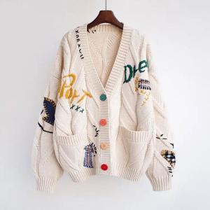 China                  Designer Women Chunky Sweater Cardigan Autumn Winter Drop Shoulder Button Front Embroidery Loose Knit Cardigan Sweater Coat              factory