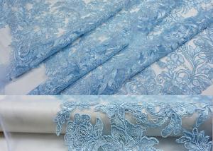 China Blue Embroidery Floral Corded Lace Fabric With Sequin For Craft Make Gauze Dress factory