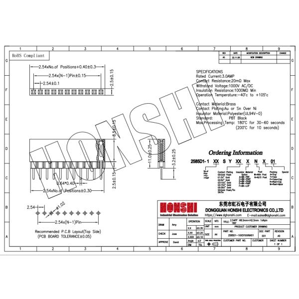 Single Row 180 Degree 40P Female Header Connector 2.54mm Pitch 8.5mm Height Plastic