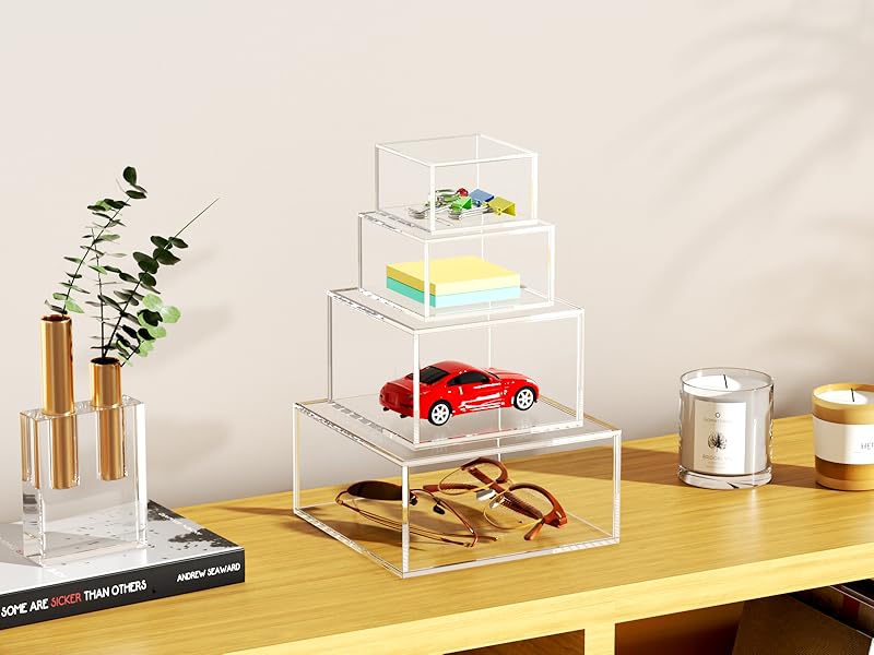 Acrylic Box With Lid, Clear Cube Display Case, Multi-Purpose Box Square Container For Holding Staples, Highlighters, Adhesive Tape, Paper Clips,