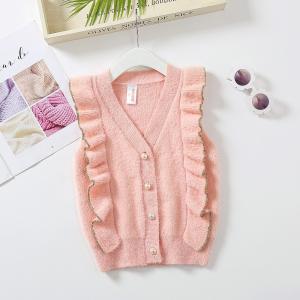 China Knitting  Ruffles Patterns Children Sleeveless Sweater Wholesale Baby Girls Feather Yarn Sweater Vest factory