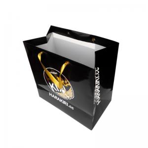 China Custom Printed Black Paper Euro Tote Bags With Satin Ribbon Rope Gold Foil Logo on sale