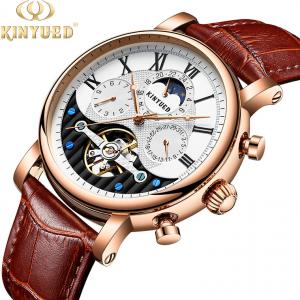 China KINYUED Factory Customized Clock Movement Moon Phase Leather Strap Watch Mens Automatic Watch factory