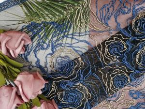 China Polyester Blue Floral Embroidered Lace Fabric For Garment Brands factory