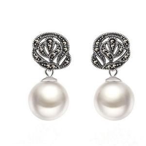 China 925 Silver Round 12mm White Simulated Shell Pearl Earrings Thai Style Jewellery (E12143) on sale