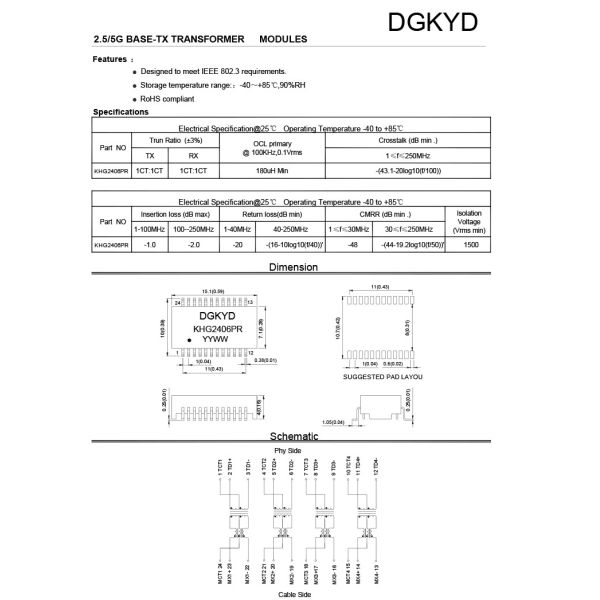 KHG2406PR 1000BASE-TX 24PIN Gigabit Ethernet Isolation Transformer SMD Type