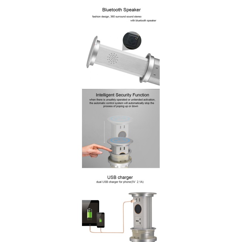 High-end open kitchen worktop used electric lifting pop up outlets with speaker