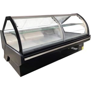 Refrigerated Display Counter With A Lift-Up Front Curved Glass Door For Serving