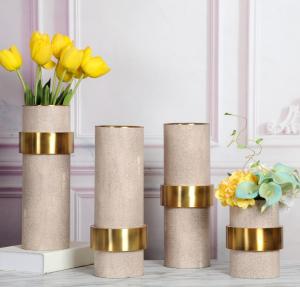 China Wholesale Decorative Flower Vases Gold Plated with Marble Cylinder Flower Pot Set factory