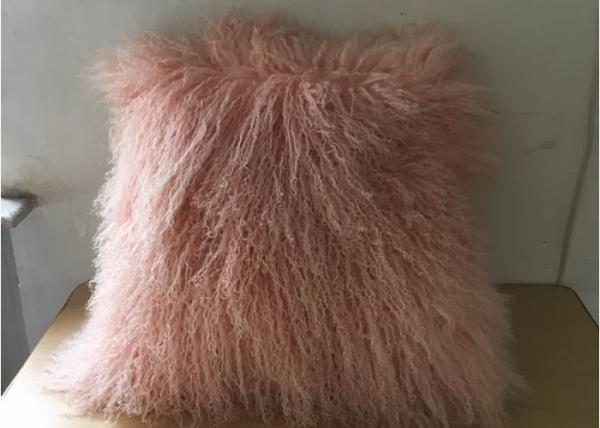 China Household Fluffy Pink Mongolian Fur Pillow With Silky Long Curly Hair factory