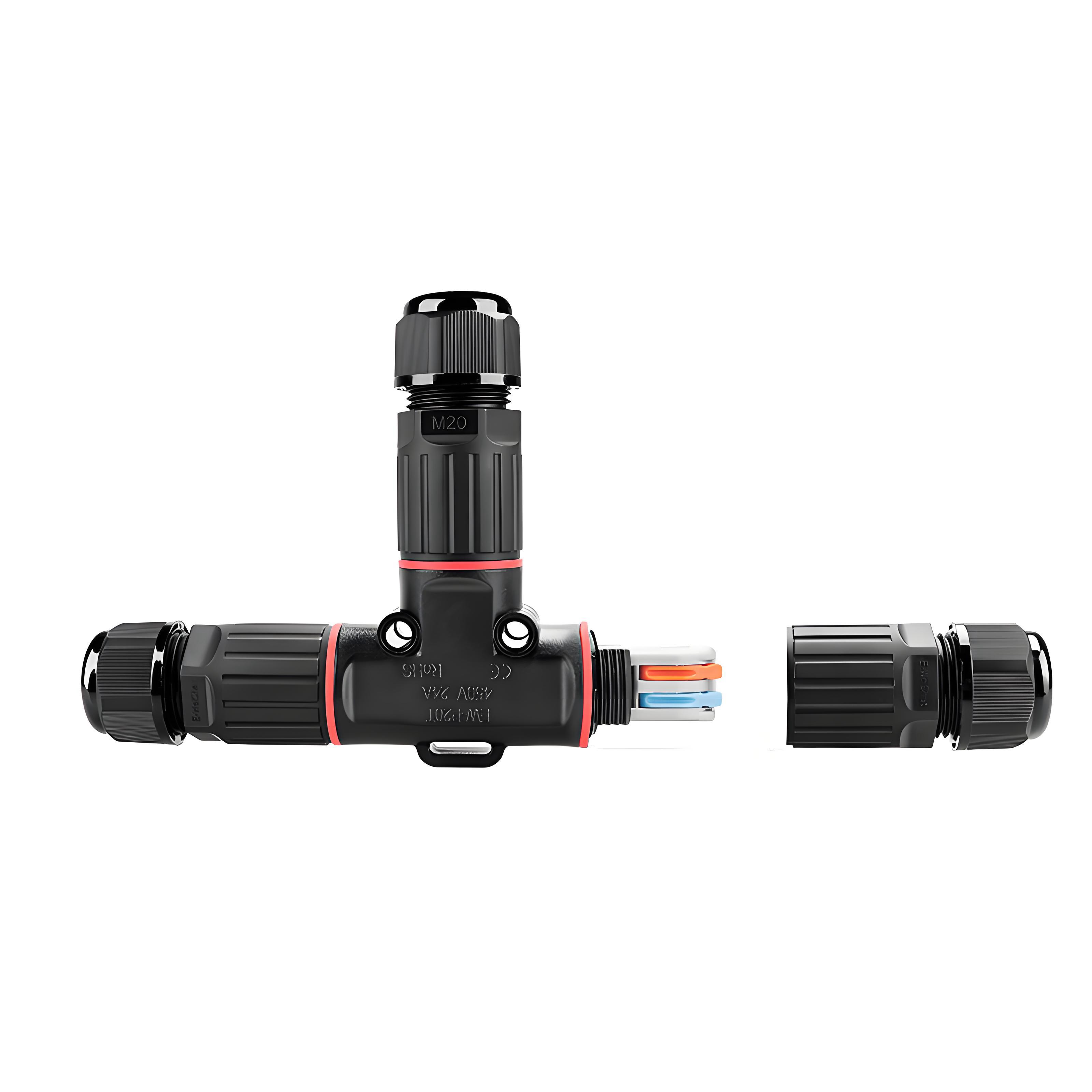 China Waterproof Circular Connector T-Type 1 Input 2 Output with PA66 Material and 0.5mm²-2.5mm² Wire Gauge factory