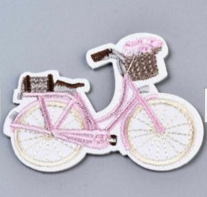 China Pink Bicycle Embroidered Patch Iron On Backing twill fabric For Clothing factory