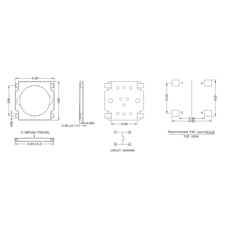 4.5x4.5 SMT Vertical Push Button Tactile Membrane Switch