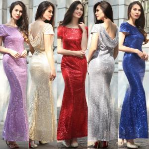 China hot sale polyester short sleeve long women Bodycon evening beaded dress with gold sequin in red blue purple gray beige factory