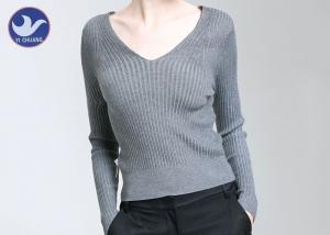 Ribbed Womens Knit Pullover Sweater V Neck Tight Fit Lady Knitwear