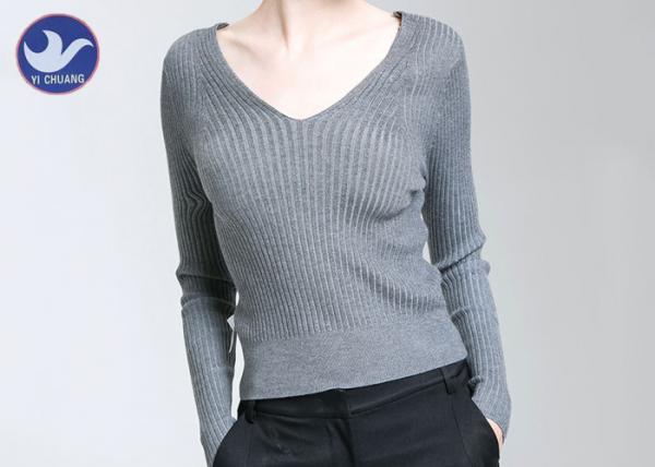 China Ribbed Womens Knit Pullover Sweater V Neck Tight Fit Lady Knitwear factory