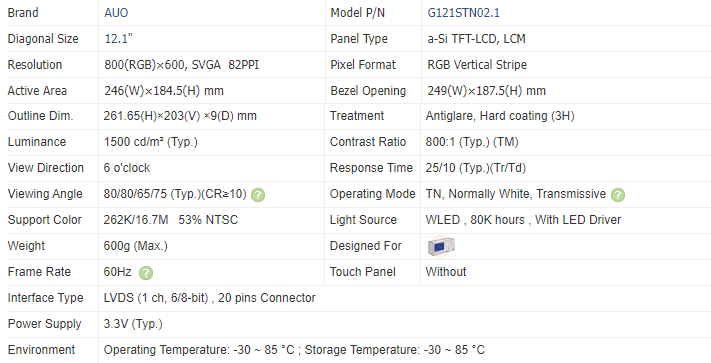 800×600 High Brightness Panel Pc SVGA -30 ~ 85 °C G121STN02.1 Tft Lcd Display Module