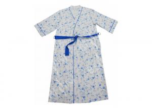 China Ladies Cotton Jersey Blue Floral Printed Bath Robe Kimono Wrap Blue Piping 3/4 Sleeve factory