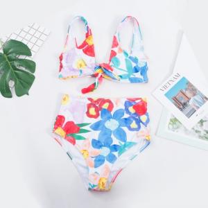 China push up bathing suits Tie a Knot Two-piece  Bathing Suit Bikini With Flower Print High Waist Swimsuit factory
