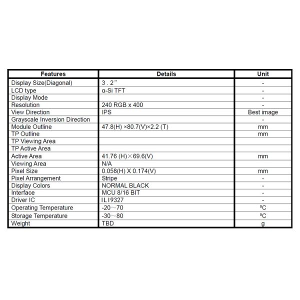 3.2 inch tft lcd display screen 240*400 with/without touch panel for MCU Interface R61509V