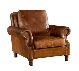 China Retro Brown High Back Leather Armchair Hard Solidwood Frame American Style on sale