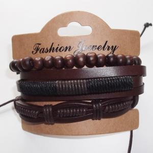 China Leather Bracelet Set of Wooden Beads Strand and Braided Leather Bangle Adjustable length 5.5 inch for men and women factory