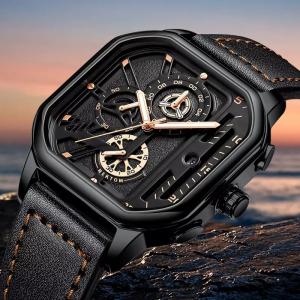 China Waterproof Full Leather Quartz Gold Clock Luminous Wrist Watch Square Sport Mens factory
