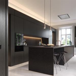 China Contemporary Style Built In Kitchen Cabinets Black PVC Kitchen Cabinets factory