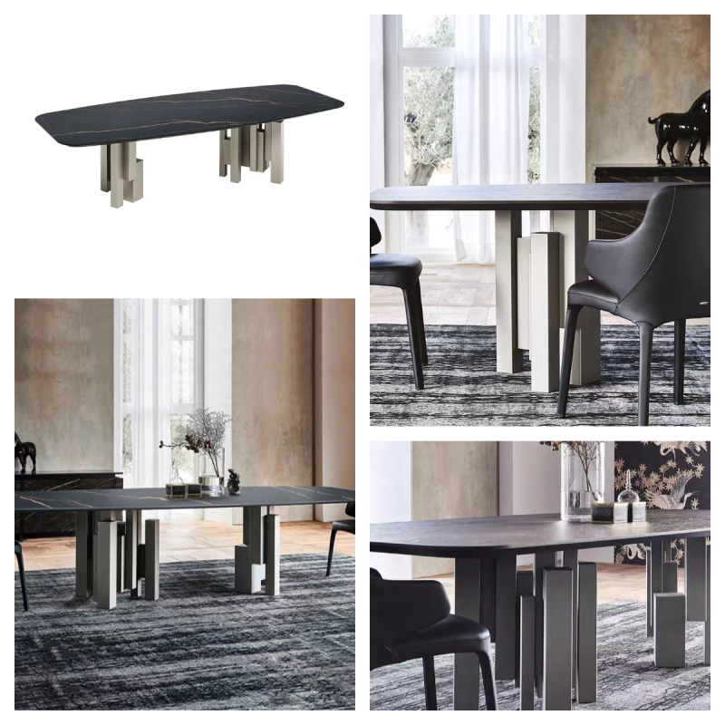 GeoCraft Stainless Steel Base Ceramic Marble Top Dining Table Rectangular