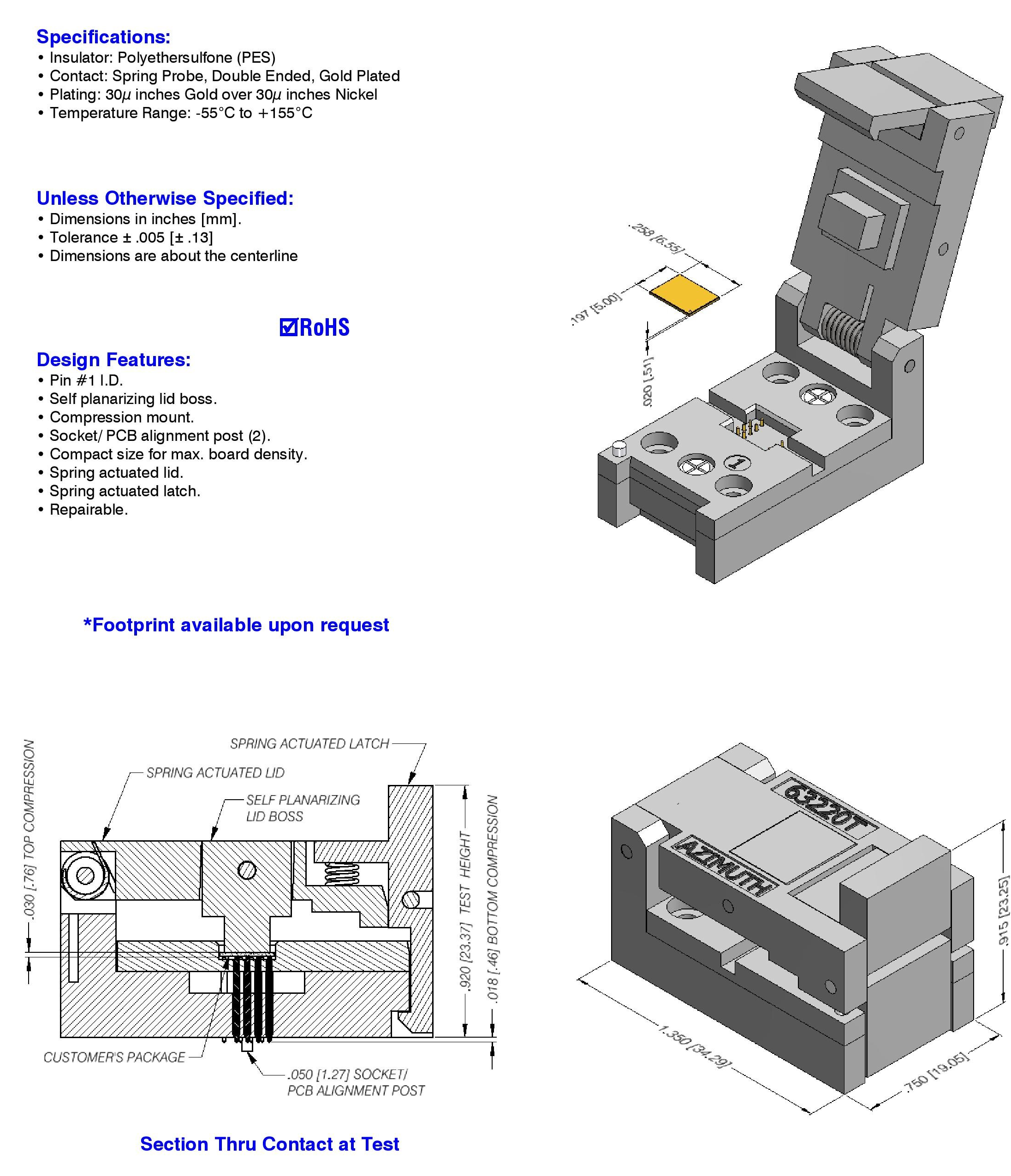 63220T 0.005 tolerance Azimuth Carrier Test Socket Contactor Self planarizing Azimuth Socket