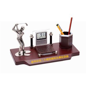 Wooded Base Golf Trophy Cup Multi Functional With Pen Container & Clock