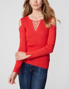 China Fine Gauge Women'S Wool Pullover Sweaters , Ribbed Eyelet Lace Red Pullover Sweater on sale